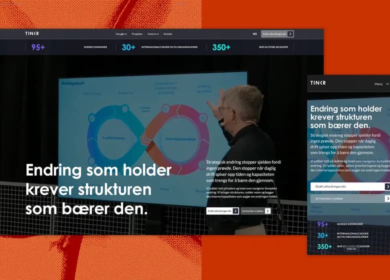 The tinkr.no home page on desktop and mobile, on an orange halftone.