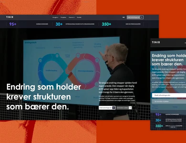 The tinkr.no home page on desktop and mobile, on an orange halftone.