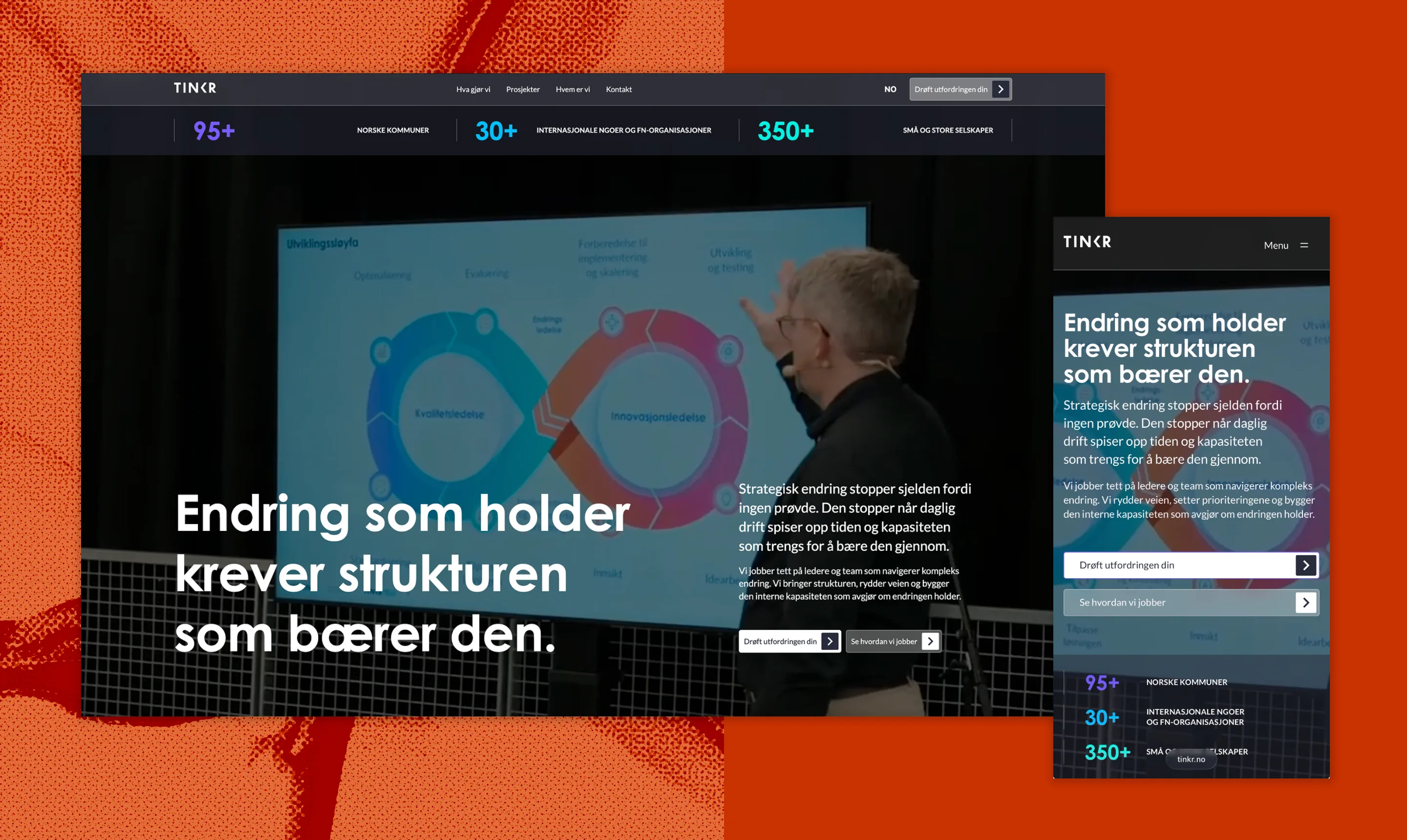 The tinkr.no home page on desktop and mobile, on an orange halftone.