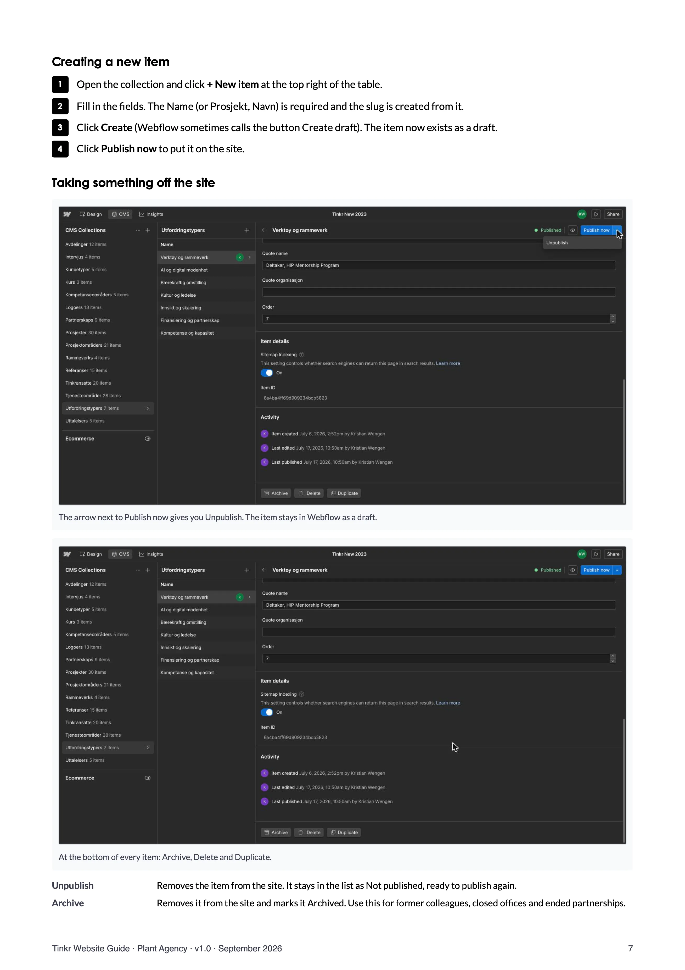 A page on creating a new item in the Webflow CMS, with screenshots.
